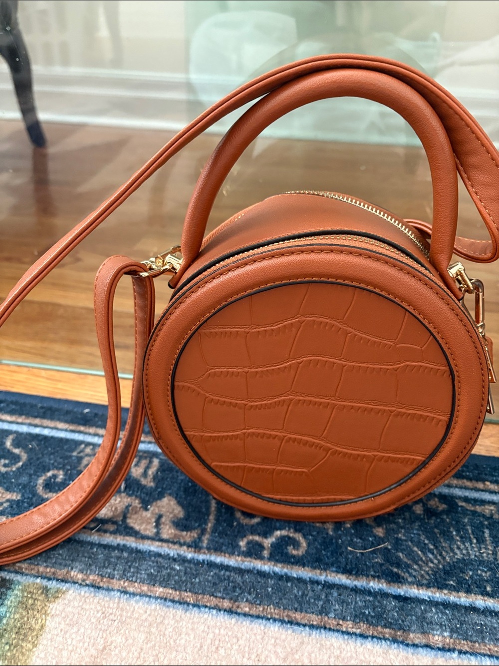 Round Croc-Embossed Crossbody Bag in Cognac